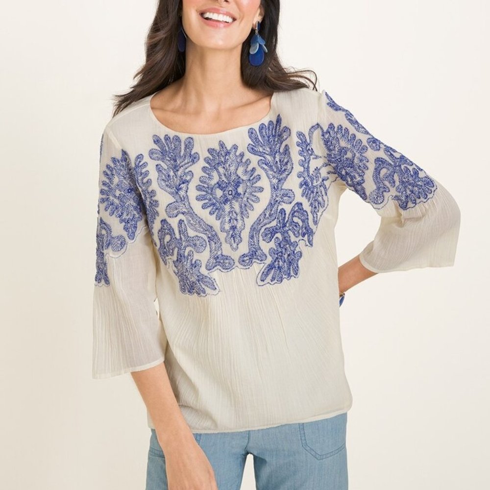 NEW CHICO'S SEA CORAL EMBROIDERED GAUZE TOP BLOUSE LARGE